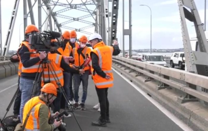 Media interview after Auckland Harbour Bridge truck incident