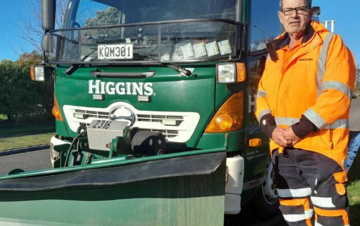 Jon Gray with the snow ploug he operates on the Napier - Taupo highway.