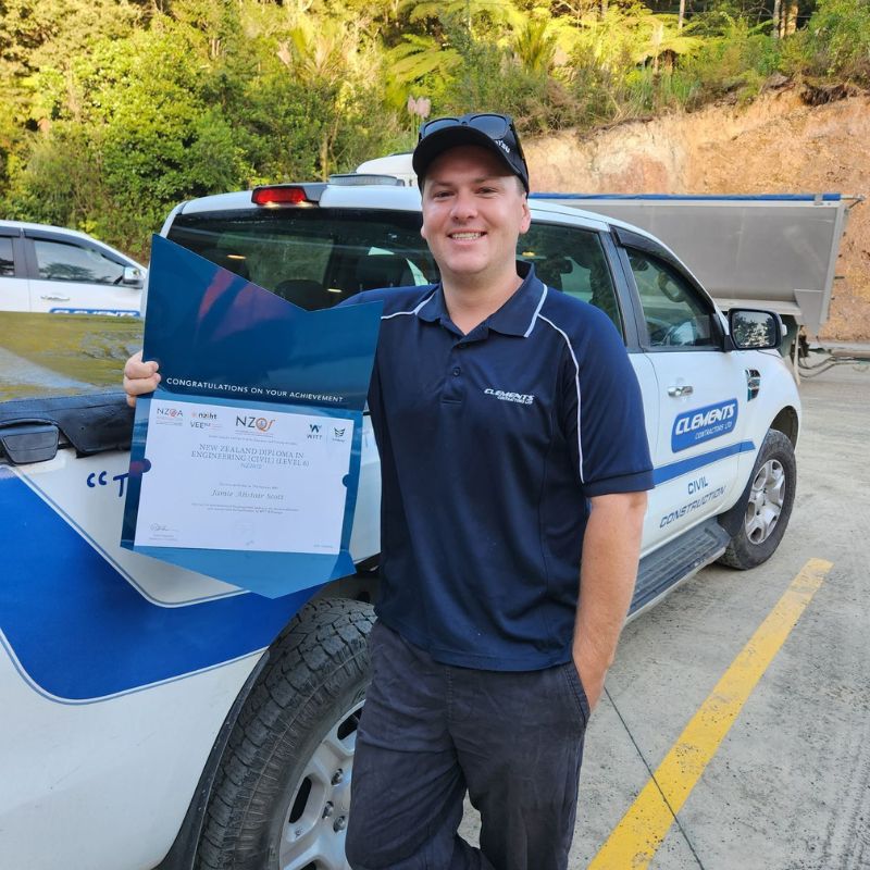 Jamie Scott with his New Zealand Diploma in Engineering (Civil - Level 6)